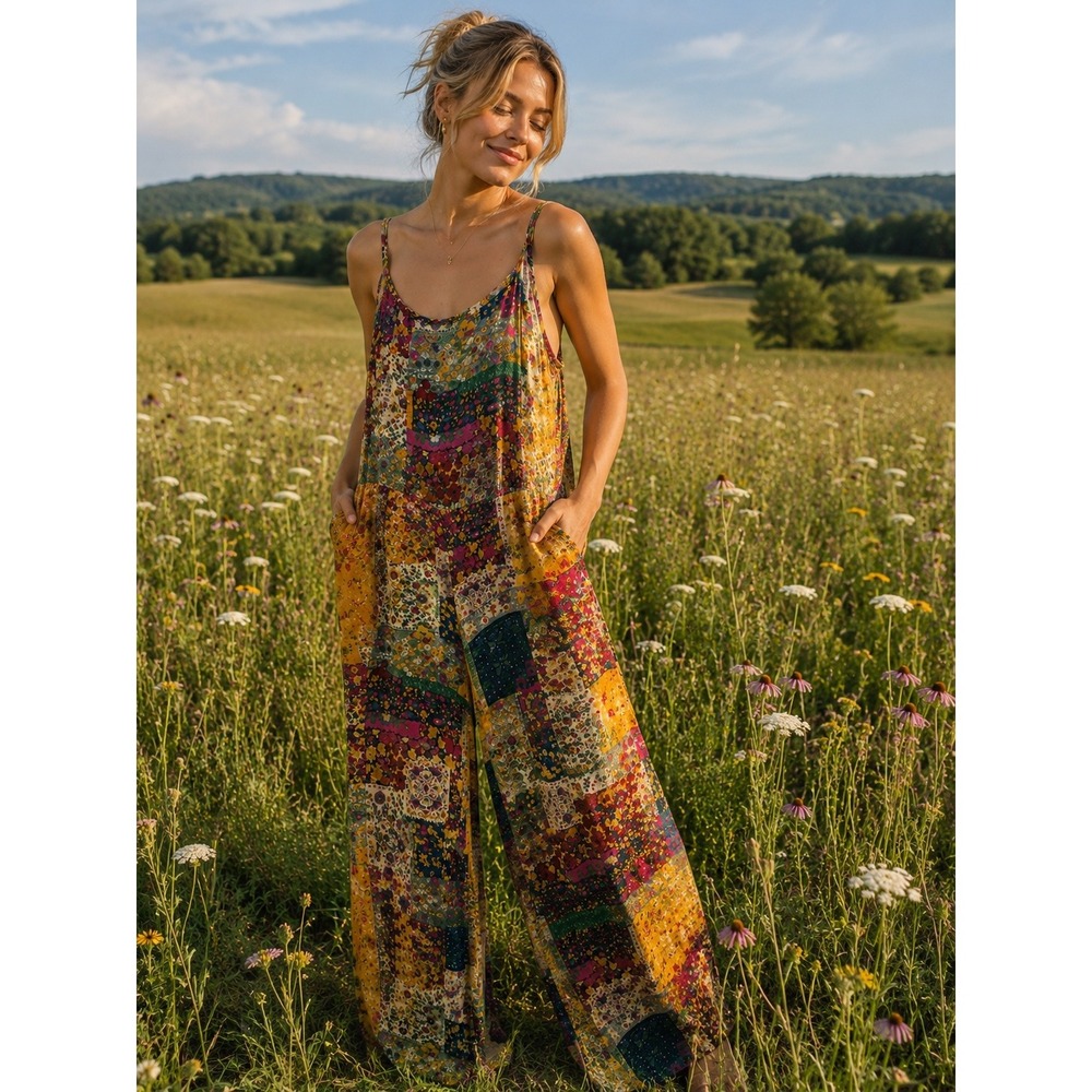 Natural Life Patchwork Floral Wide Leg Jumpsuit Boho Multi-Color Large hippie